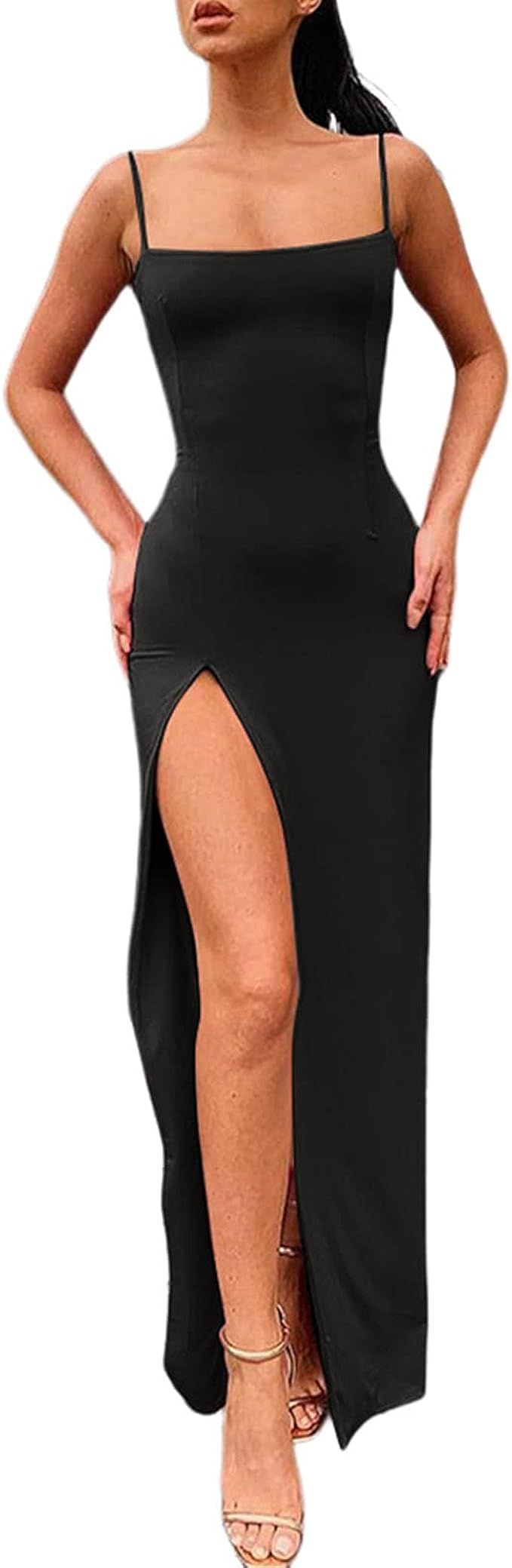 VNIRA Women's Spaghetti Strap Long Bodycon Dresses Sexy Sleeveless Thigh Slit Club Party Maxi Dre... | Amazon (US)