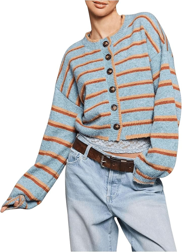 Milumia Women's Striped Button Cardigan Sweater Knit Long Sleeve Going Out Crop Cardigans | Amazon (US)
