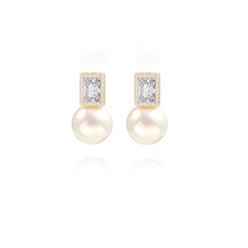 18k Gold Plated Shell Pearl Drop Earrings Emerald Cut Cubic Zirconia Halo Stud Earrings Trendy Dainty Wedding Jewelry Elegant for Bridal | Amazon (US)