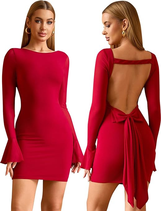HTZMO Women Long Sleeve Bodycon Mini Dress Sexy Backless Bow Homecoming Club Going Out Party Dres... | Amazon (US)