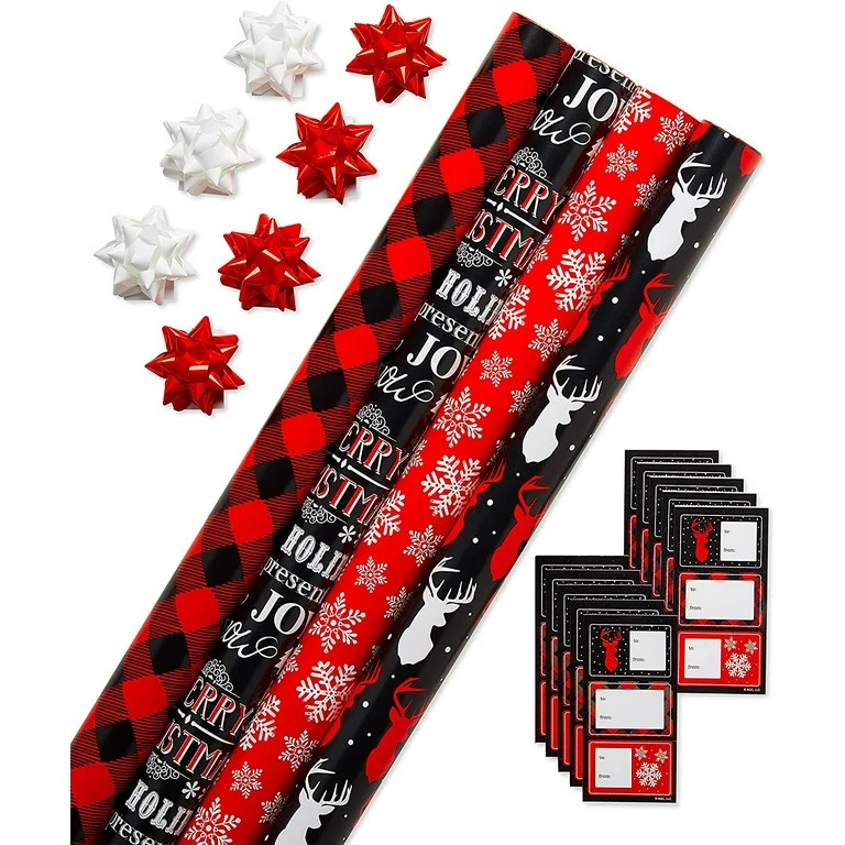 American Greetings Buffalo Plaid Christmas Wrapping Paper Set, Red and Black Holiday Gift Wrap (1... | Walmart (US)