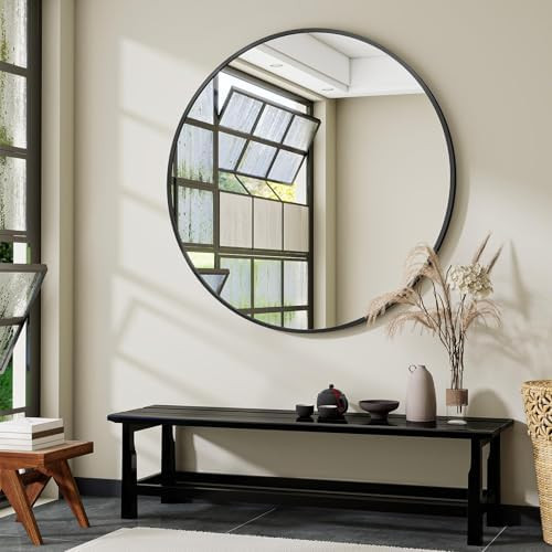 Large Black Round Bathroom Mirror, 48 inch Circle Wall Mounted Hanging Mirror with Simple Modern ... | Amazon (US)