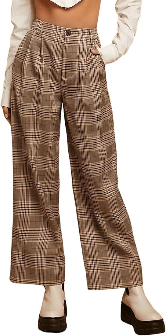 SweatyRocks Women's Casual Wide Leg High Waisted Button Down Straight Long Trousers Pants | Amazon (US)