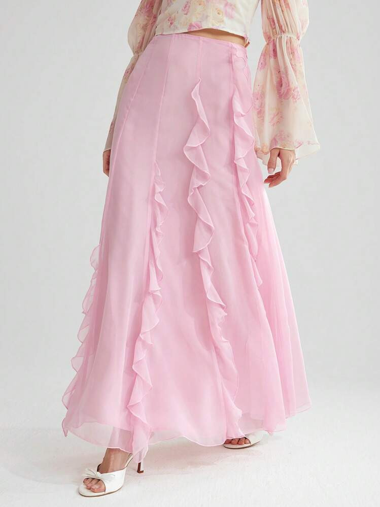 Enchnt Women's Elegant Solid Color Ruffle Hem Long Skirt, Summer | SHEIN