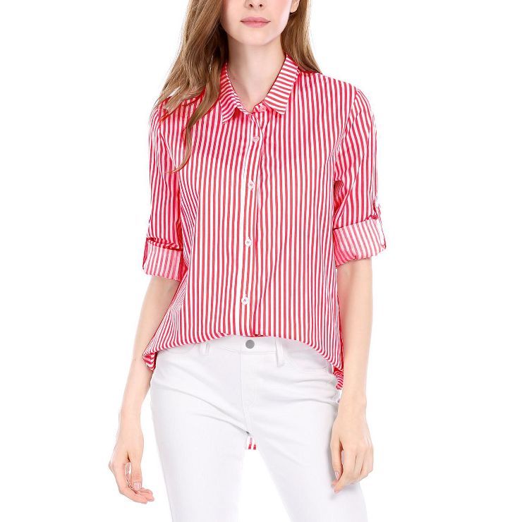 Allegra K Women's Striped Button Down Roll-up Long Sleeves Point Collar Shirt | Target