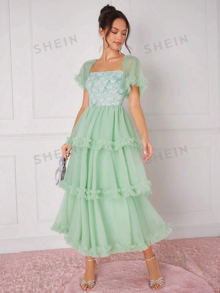 SHEIN ENCHNT Women's Glittering Sequin Splicing Multi-layered Mesh Hem Dress | SHEIN