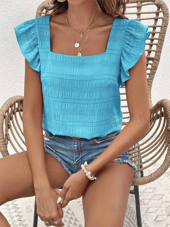 SHEIN VCAY Women's Solid Color Ruffle Trimmed Square Neckline Shirt | SHEIN