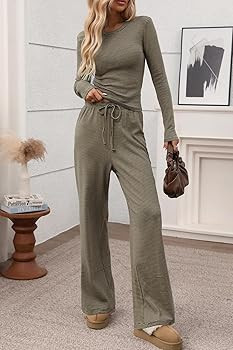 CHYRII Womens Two Piece Sets Fall Fashion Striped Long Sleeve Tops Wide Leg Palazzo Pants Outfits... | Amazon (US)