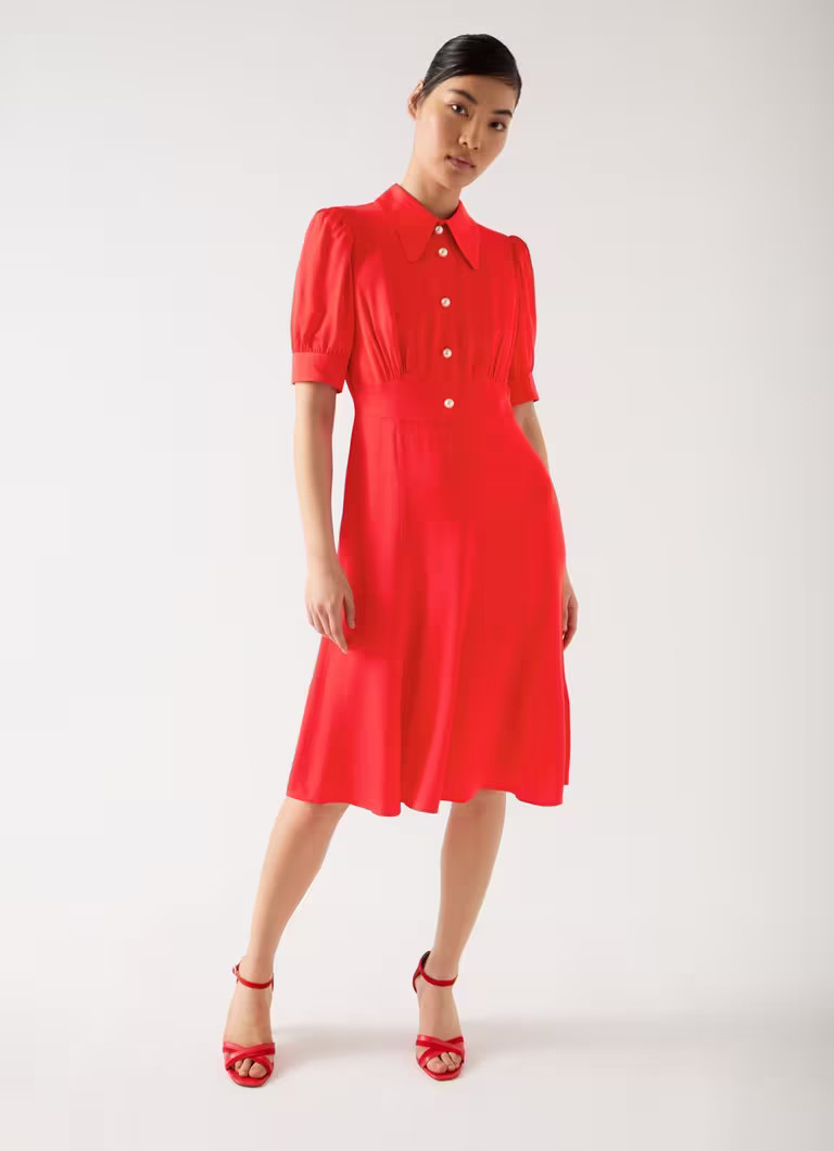 Esme Scarlett Viscose Satin Crepe Shortsleeve Dress With Pearl Buttons | L.K. Bennett (UK)