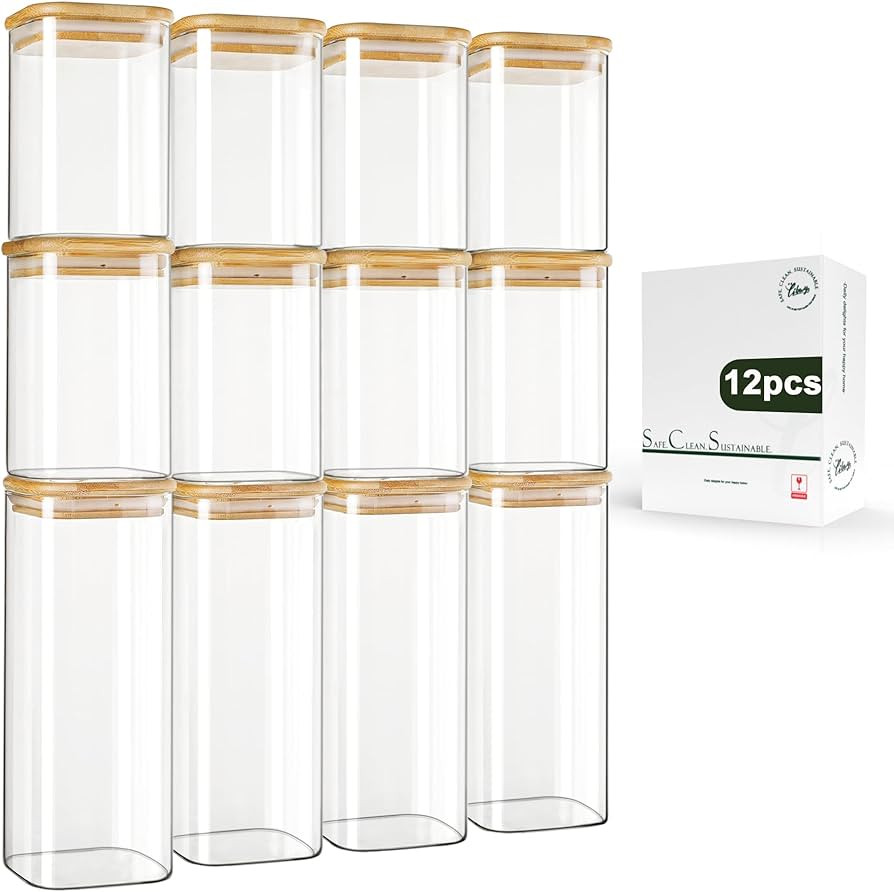 LIBWYS 12-Pack Square Glass Storage Jars with Bamboo Lids (0.6Qt/1.06Qt) - Stackable Food Contain... | Amazon (US)