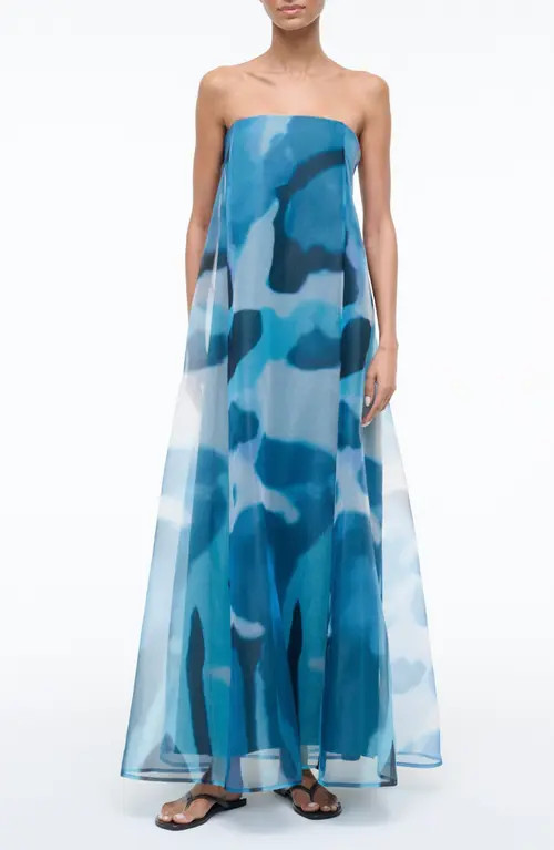 STAUD Allyson Abstract Print Strapless Dress in Blue Haze at Nordstrom, Size 8 | Nordstrom