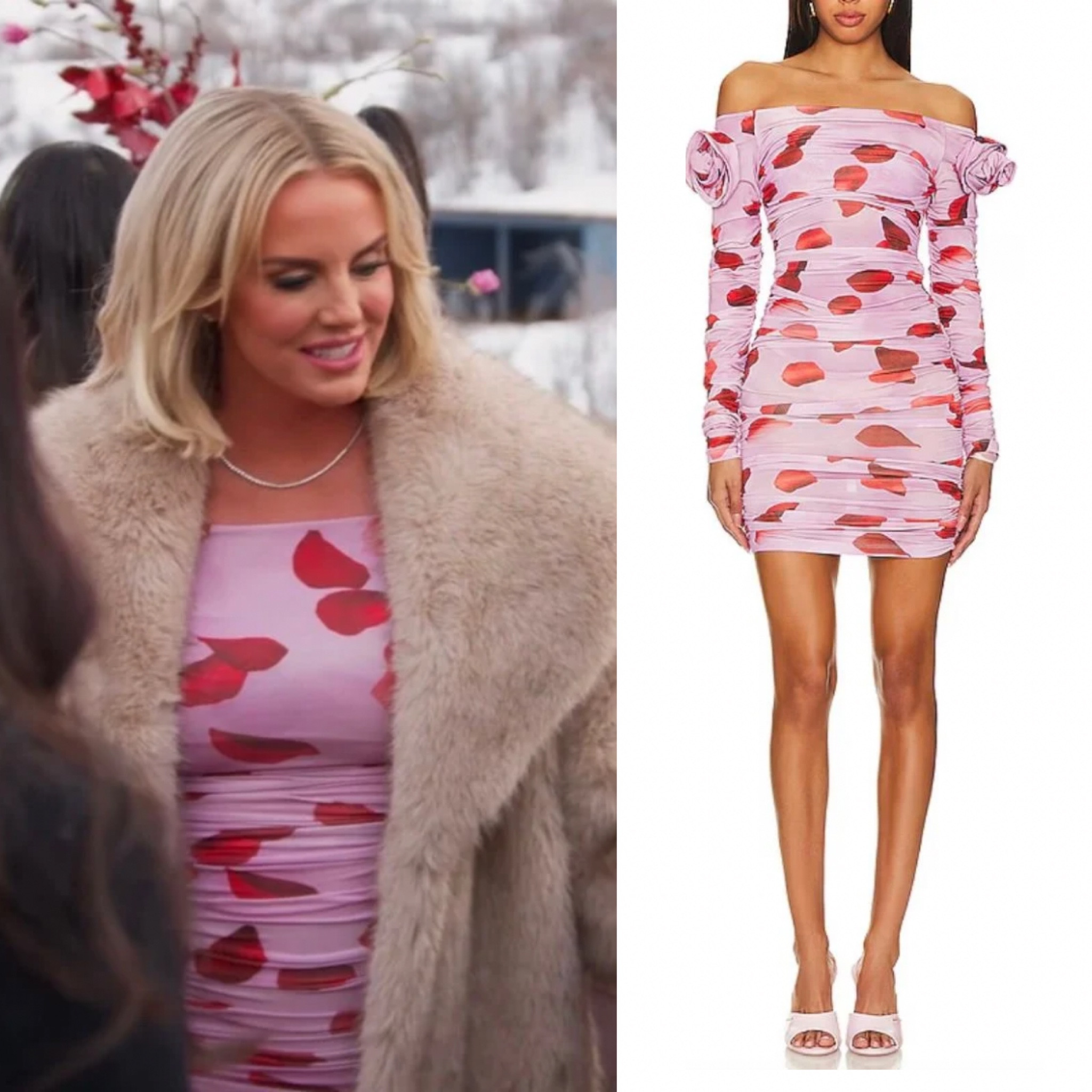 Whitney Rose’s Pink and Red Floral Print Off the Shoulder Dress