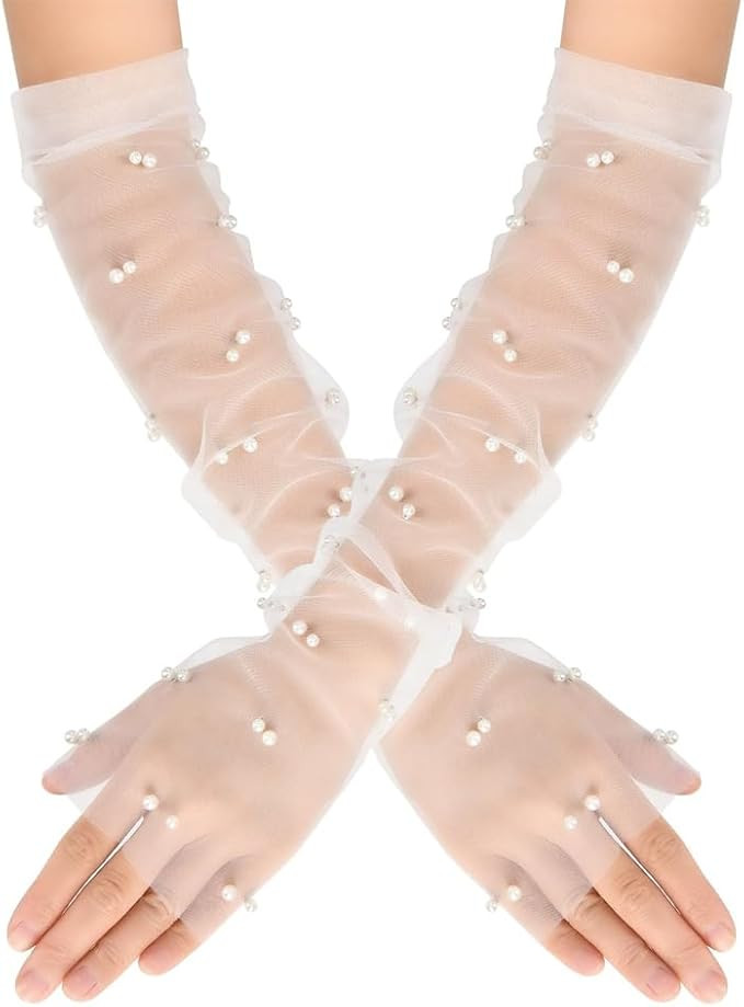 Ieron Women'S Long Ruched Fingerless Gloves With Pearl Sheer Tulle Mesh Pearl Gloves For Wedding ... | Amazon (UK)