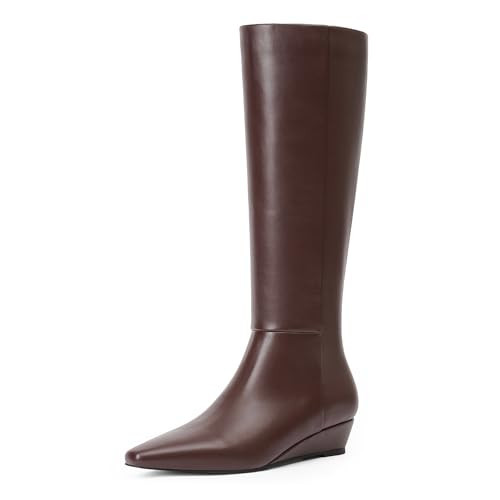 Modatope Brown Boots for Women Knee High Boots Chocolate Brown Tall Boots Leather Boots Wedge Heeled Womens Fall Boots 2024 Pointed Toe High Boots Size 9.5 | Amazon (US)