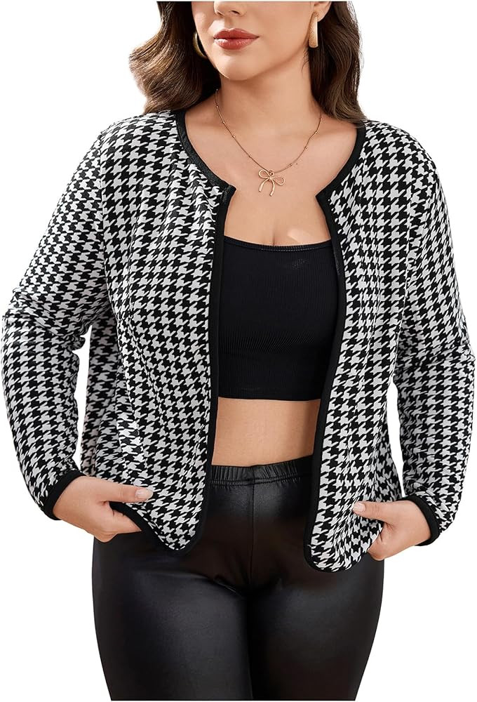 WDIRARA Women's Plus Size Houndstooth Open Front Long Sleeve Jacket Outerwear | Amazon (US)