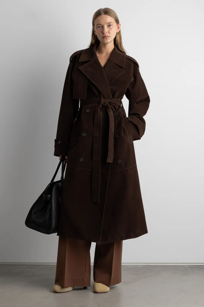 LONG PANELED VEGAN SUEDE TRENCH COAT | OAK + FORT