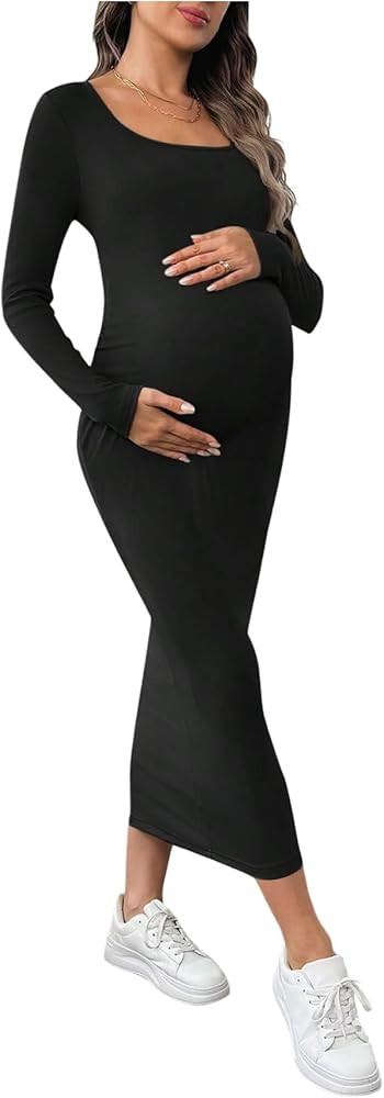 OYOANGLE Women's Maternity Ribbed Dress Long Sleeve Scoop Neck Stretchy Bodycon Baby Shower Dress... | Amazon (US)