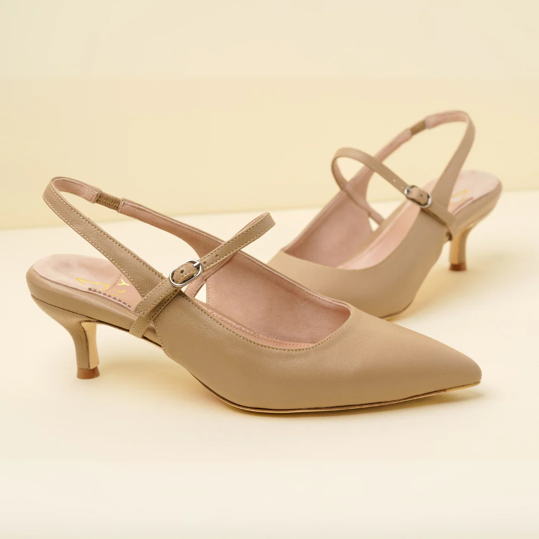Bossy Beige Leather Mary Jane Slingback Kitten Heel | ALLY Shoes