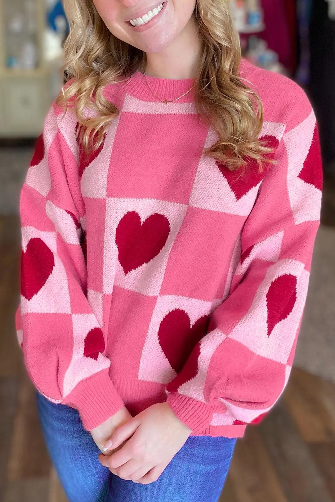 Pink Love Heart Checkered Valentine Knit Sweater | Etsy (US)