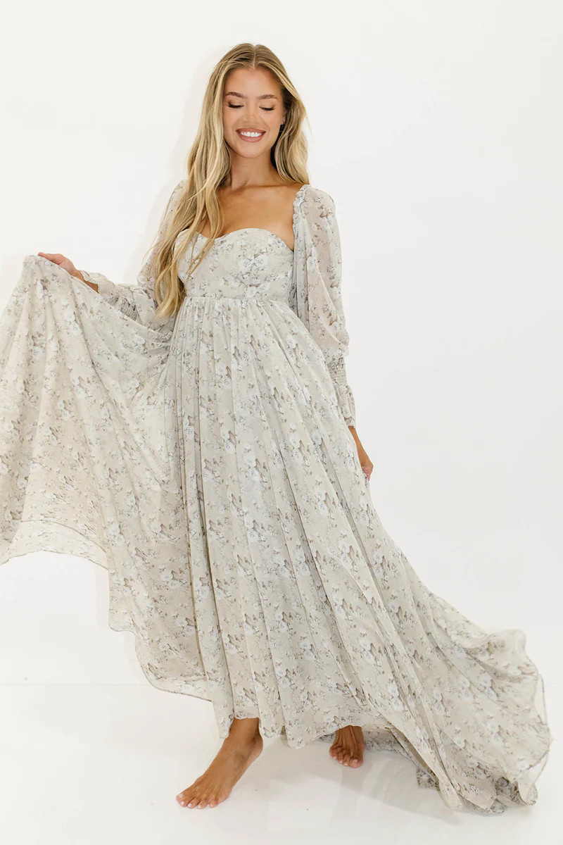 Delilah Maxi Dress with Train in Grey/Blue - Bump Friendly | Worth Collective