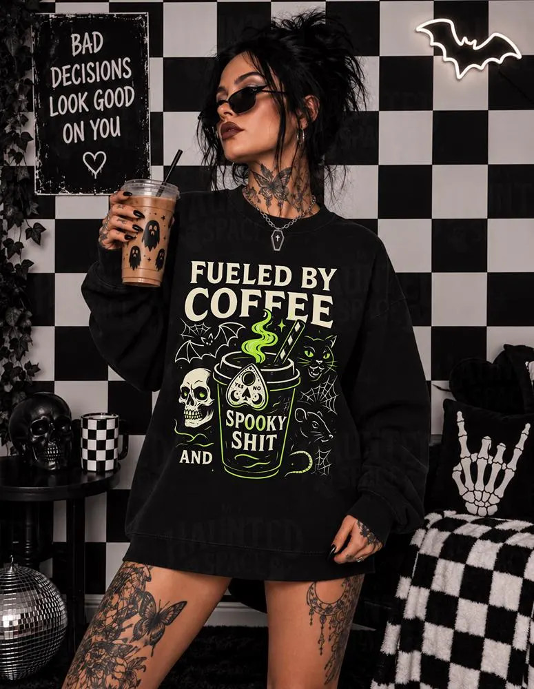 Fueled By Coffee and Spooky Shit Sweatshirt, Funny Spooky Goth Coffee Shirt, Dark Humor Creepy Cute Goth Coffee Shirt | Etsy (Global)