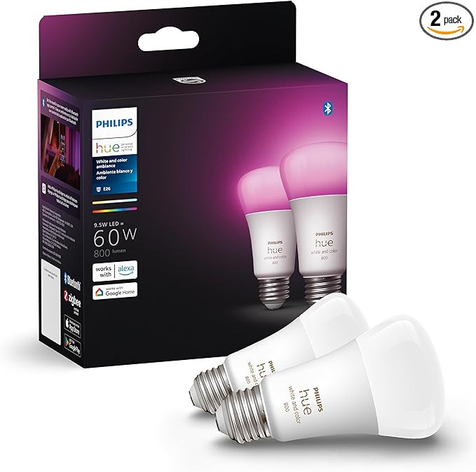 Philips Hue Smart 60W A19 LED Bulb - White and Color Ambiance Color-Changing Light - 2 Pack - 800... | Amazon (US)