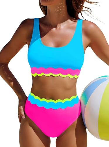 popvil High Waisted Bikini Sets for Women Two Piece Swimsuit Neon Scalloped Trim Bathing Suit for Beach Vacation 2026 Deepskyblue XL | Amazon (US)
