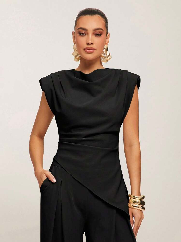 Silquee Blusa De Mujer De Unicolor Casual Con Bajo Asimétrico Y Hombros Anchos, Adecuada Para El Trabajo, El Verano, Blusa Sin Mangas Negra Para Mujer, Blusa Negra Drapeada, Blusa Negra Elegante, Blusa Negra De Cuello De Cisne | SHEIN