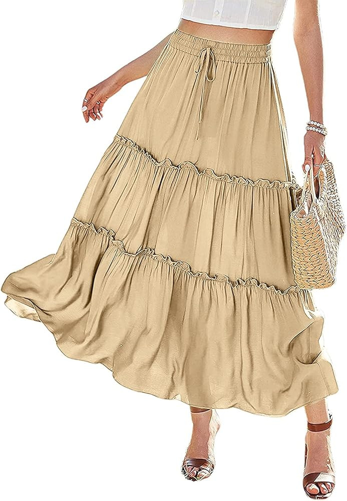 Avanova Women's Elastic High Waist A Line Layer Ruffle Swing Beach Casual Maxi Skirt | Amazon (US)