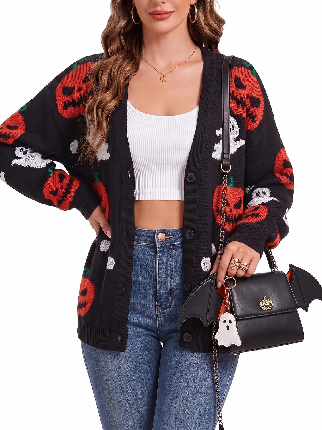 Women's Halloween Pumpkin Ghost Open Front Cardigan Button Kint Sweater | Amazon (US)
