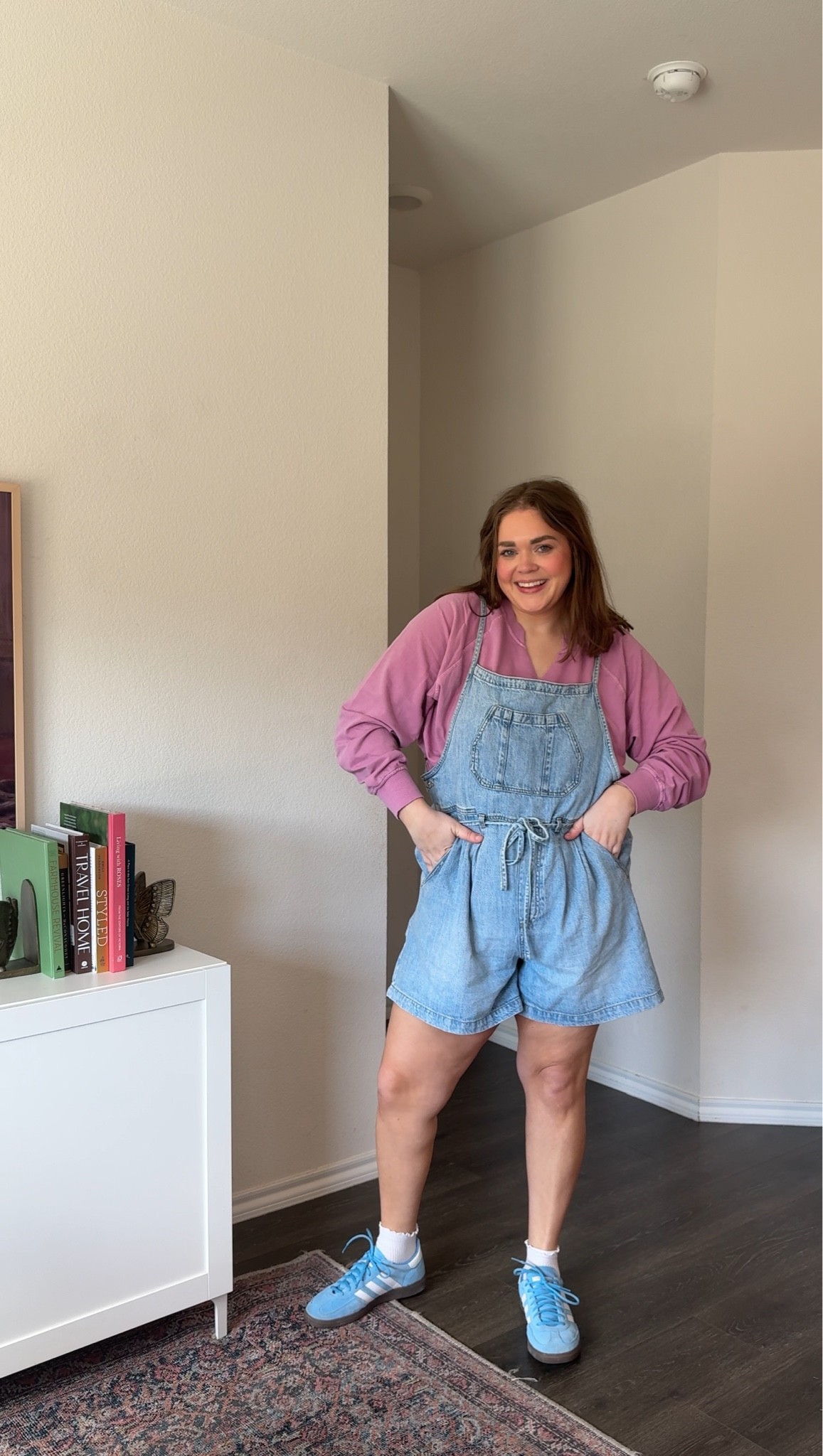 Spring shortalls overalls outfit idea wearing 1x in overalls and xxl in sweatshirt 

#LTKPlusSize #LTKMidsize