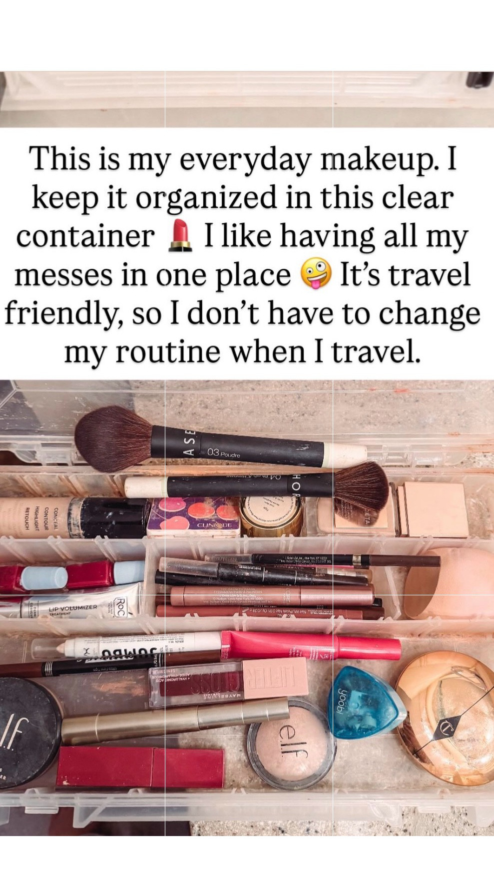 This is my everyday makeup. I keep it organized in this clear container 💄 I like having all my messes in one place 🤪  It’s travel friendly, so I don’t have to change my routine when I travel. 

#LTKTravel #LTKBeauty #LTKGiftGuide