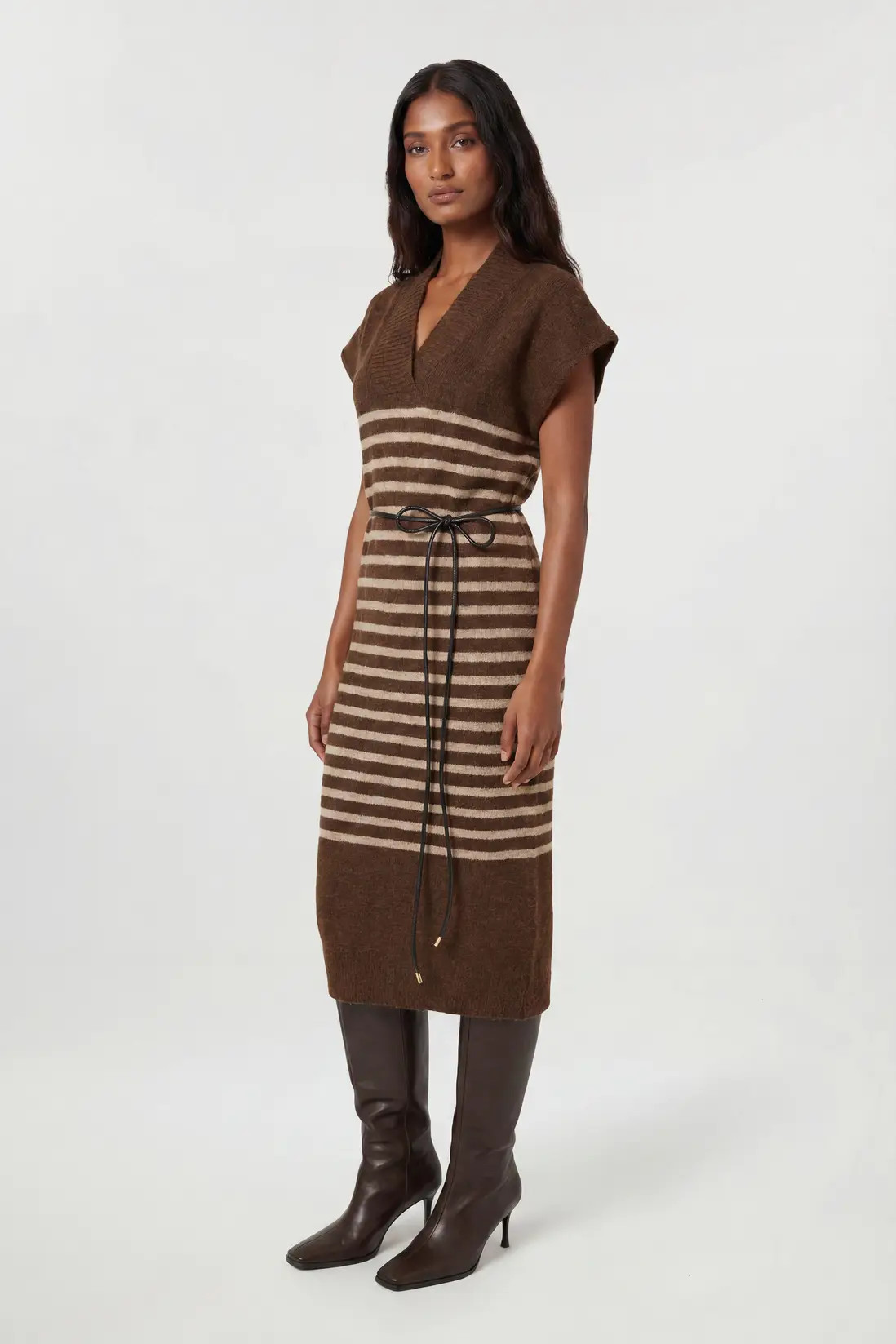 Wool Blend Cosy Knit Striped Belted Midi Dress | Karen Millen