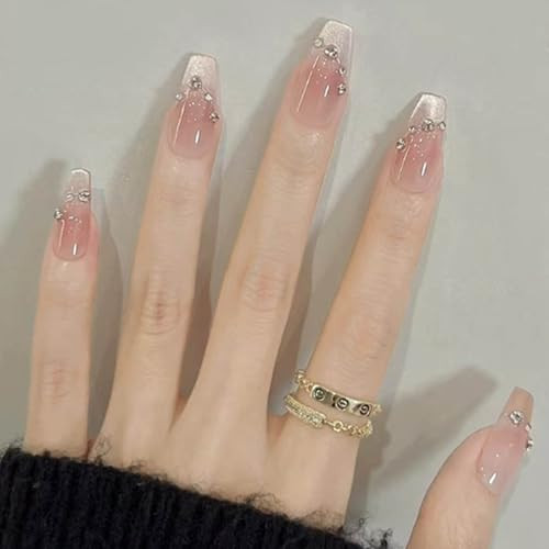 Gifiky 24Pcs French Cute Tip Press on Nails - Long Coffin False Nails with Acrylic Galaxy Glitter Design, Gradient Nude Fake Nails for Women,Reusable Glue on Nails Full Cover Tips | Amazon (US)
