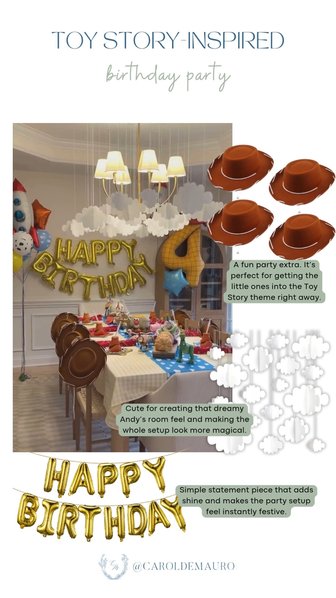 This Toy Story birthday party came together so perfectly! Cowboy hats, cloud garlands, and gold balloons made it feel like Andy's room came to life.

Toy Story party theme, cowboy party decor, boys birthday party idea, happy birthday balloons, kids birthday party inspo, toddler birthday, cowboy theme kids party