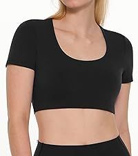 ENERBLOOM Women's Workout Crop Tops Yoga Tight T-Shirts Square Neck with Pad Bra Compression Tee ... | Amazon (US)