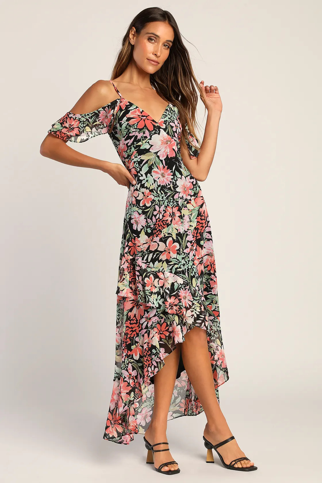 Watch Me Grow Black Floral Print Cold-Shoulder High-Low Dress | Lulus (US)