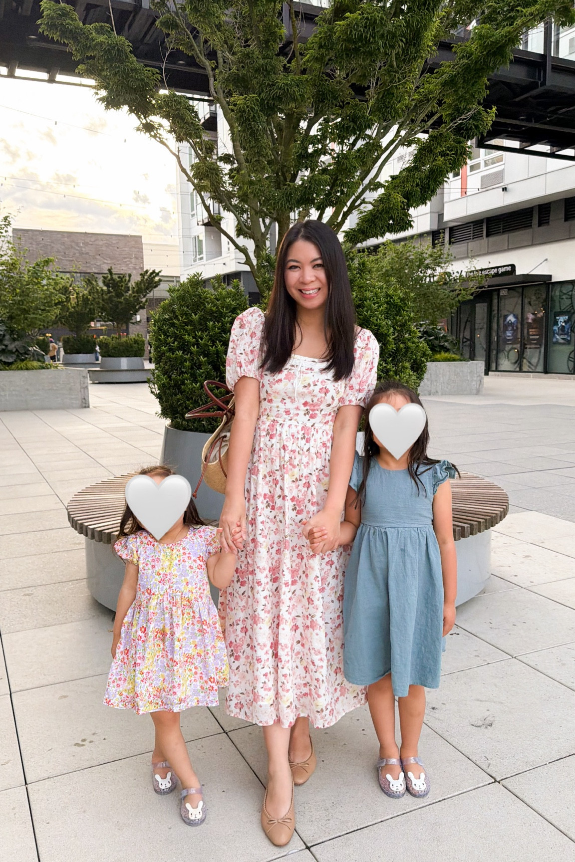 Mother’s Day spring floral puff dress! Wearing ballet flats and my Sezane straw bag!