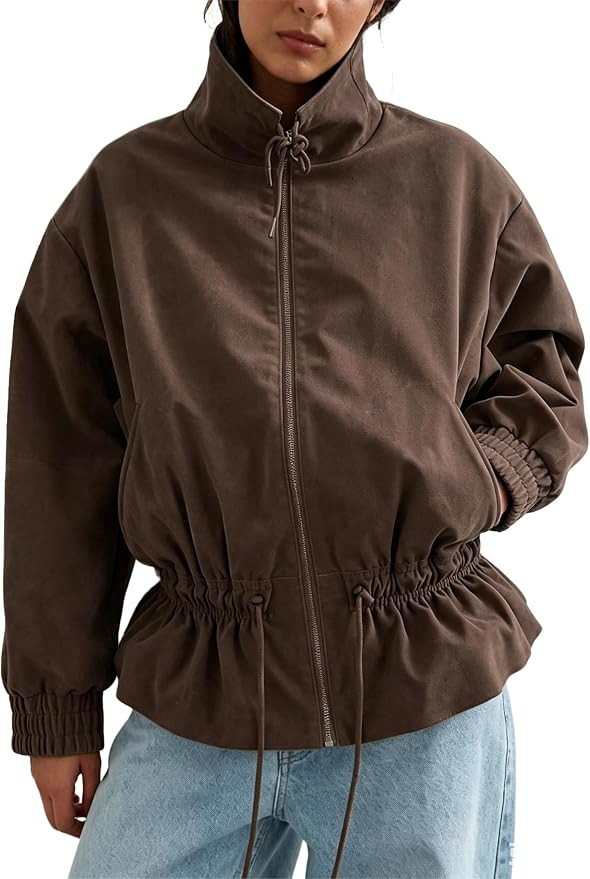 Womens Funnel Neck Full Zip Up Drawstring Waist Elastic Cuff Loose Cropped Wind Jacket | Amazon (US)