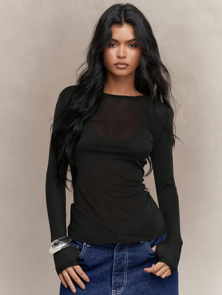 MISSGUIDED Sheer Mesh Thumb Hole Long Sleeve Top | SHEIN