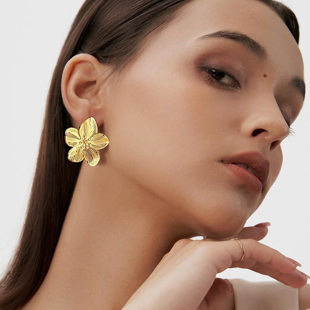 Women's Gold Studs Earrings - 14K Gold Plated Personality Big Studs Earring,Stainless Steel Hypoa... | Amazon (US)