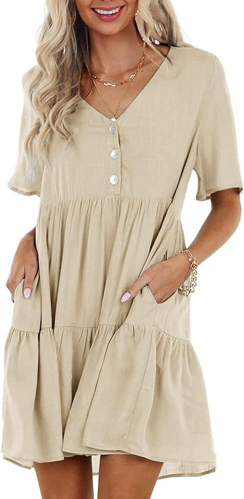 Rilista Women's Summer Dresses Button V Neck Short Sleeve Casual Ruffle Hem Flowy Swing Mini Dres... | Amazon (US)