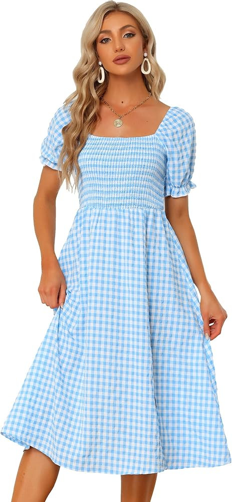 Allegra K Midi Dress for Women's Smocked Front Tie Back Checks Gingham Dresses | Amazon (US)