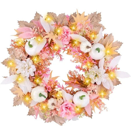 Fall Wreath for Front Door,16 inch Autumn Wreath with Lights,White Pumpkin,Pink Flowers Leaves,Fall Floral Wreath for Front Door Thanksgiving Halloween Harvest Festival Home Decor for Indoor,Outdoor | Walmart (US)
