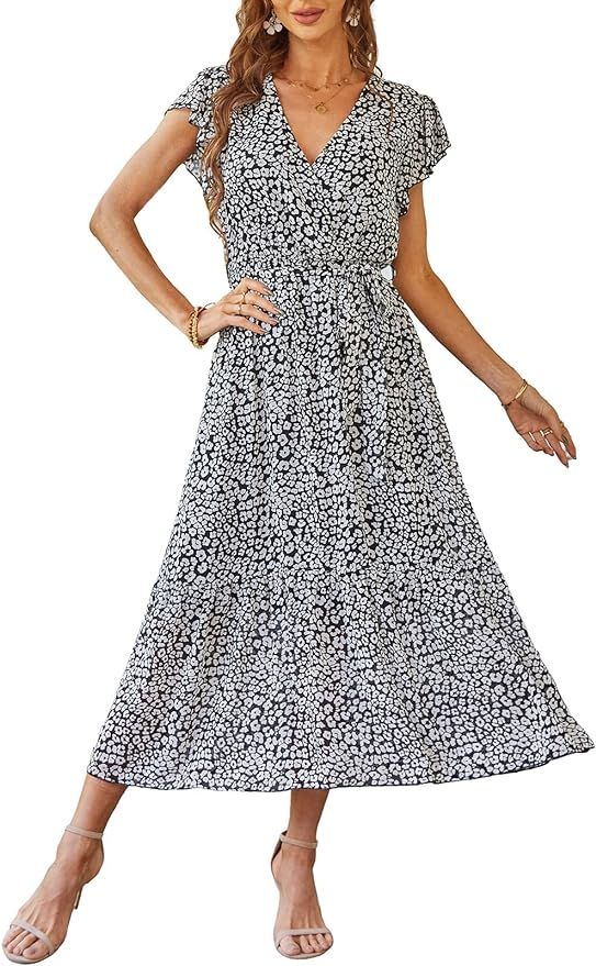 PRETTYGARDEN Women's Floral Summer Dress Wrap V Neck Short Sleeve Belted Ruffle Hem A-Line Bohemi... | Amazon (US)