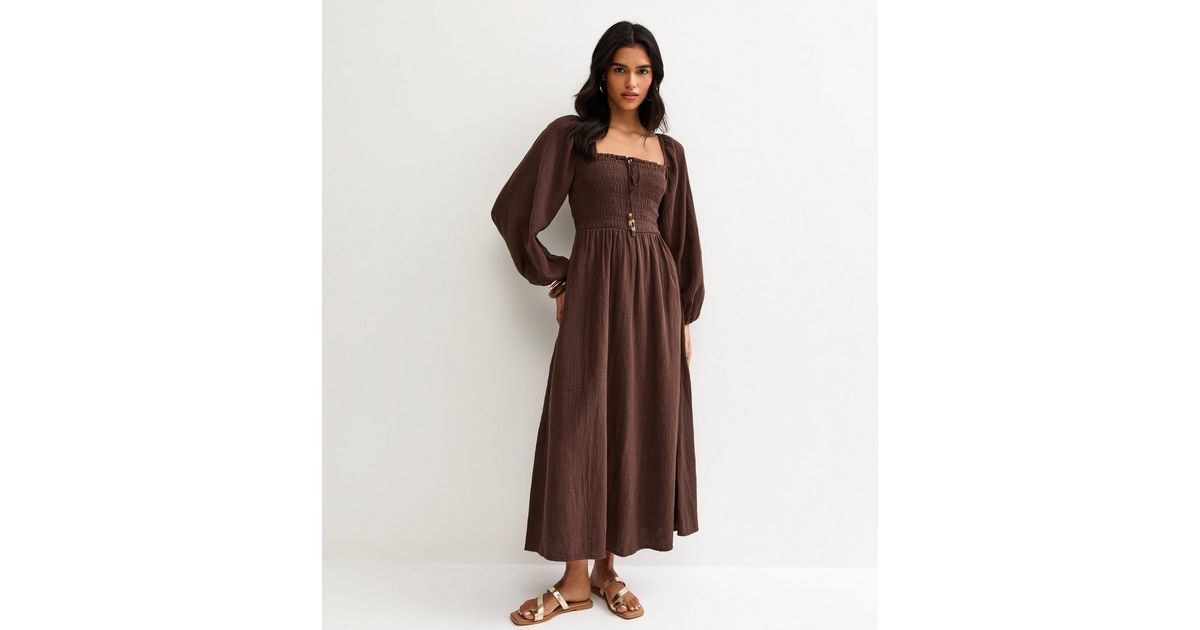 Dark Brown Cotton Shirred Milkmaid Midi Dress | New Look | New Look (UK)