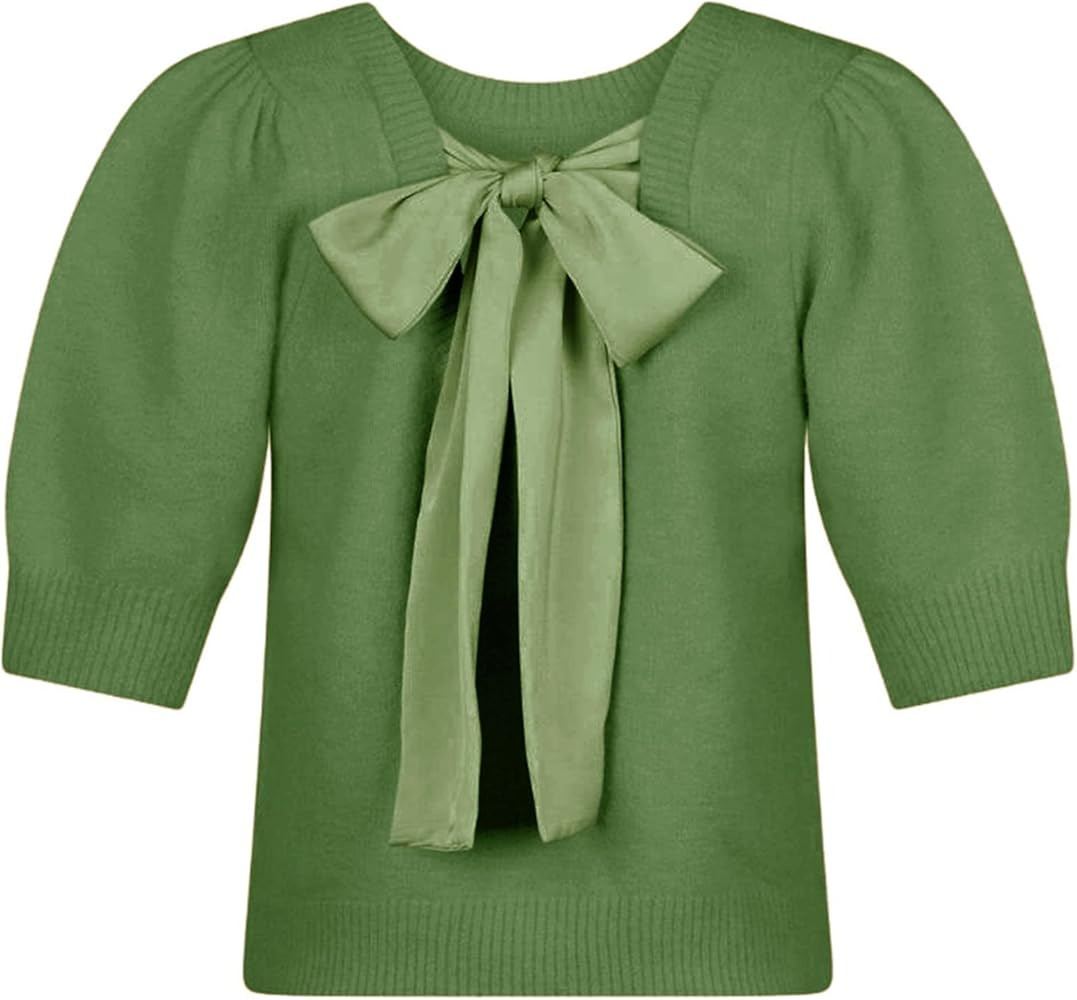 Lentta Women's Bow Knit Sweater Trendy Backless Tie Puff Short Sleeve Crewneck Knitted Pullover T... | Amazon (US)