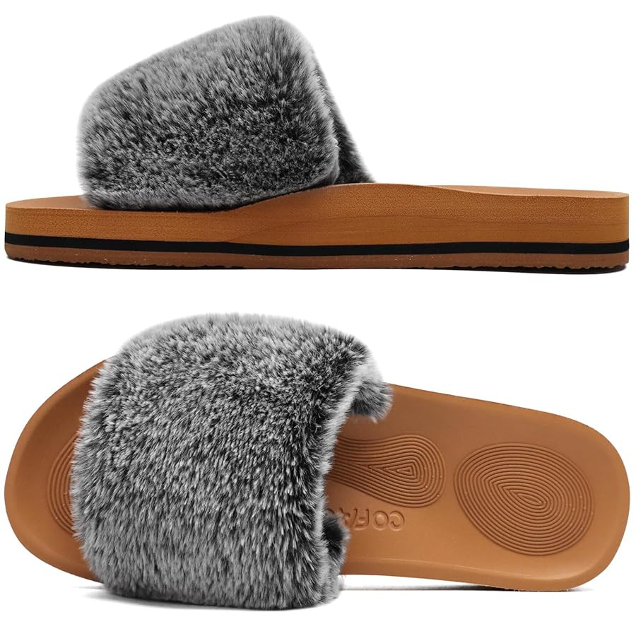 COFACE Womens Slides Fuzzy Slippers Open Toe Fluff Slippers With Arch Support Plantar Fasciitis O... | Amazon (US)
