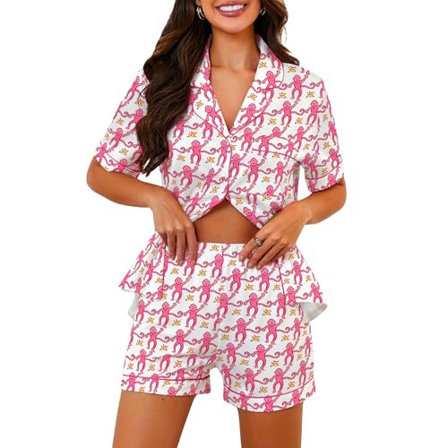 Ammiko Womens Pajamas Set Y2k Loungewear Pajama Button Down Top and Shorts Monkey Beach Short Sleeve Preppy Sleepwear Pink M | Amazon (US)