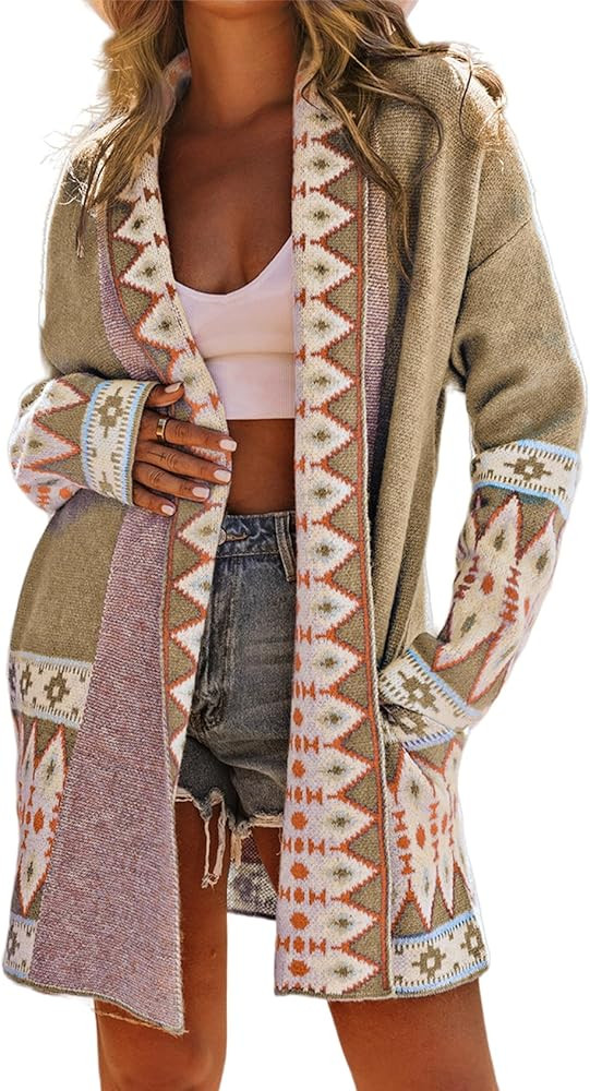 Perbai Womens Boho Aztec Cardigan Sweater Shawl Collar Open Front Tribal Long Sweater Coat with P... | Amazon (US)